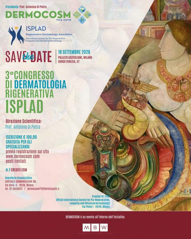 Siamo orgogliosi di annunciare tutti i dettagli del III Congresso Nazionale DERMOCOSM edizione 2026, l’evento di riferimento dedicato alla dermatologia rigenerativa e alla dermocosmesi scientifica.

📍 Vi aspettiamo a Milano, a Palazzo Castiglioni (Corso Venezia 47)
🗓 il 18 Settembre 2026
🎓 7 crediti ECM

Il congresso nasce per offrire strumenti pratici e basati sull’evidenza a medici e farmacisti, favorendo l’integrazione tra diagnosi, terapia e dermocosmesi.

🔗 Iscrizioni aperte nel link in bio

#dermocosm2026 #milanobeautyweek #MBW26 #dermatologia #medicinaestetica 

@associazionecosmeticaitalia @milanobeautyweek